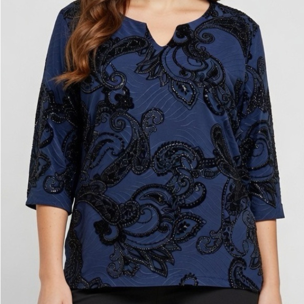 JM Collection Navy and Black Paisley Blouse